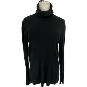 Ralph Lauren Women Black Ribbed Knit Turtleneck Elbow Patch Long Sleeve Sz L Top